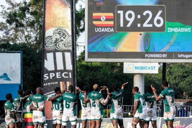 (260928) -- KAMPALA, Sept. 28, 2026 (Xinhua) -- Players of Zimbabwe celebrate after defeating Uganda in the 2026 Rugby Africa Men's Sevens Series final match between Uganda and Zimbabwe in Kampala, Uganda, on Sept. 27, 2026. (Photo by Hajarah Nalwadda/Xinhua)