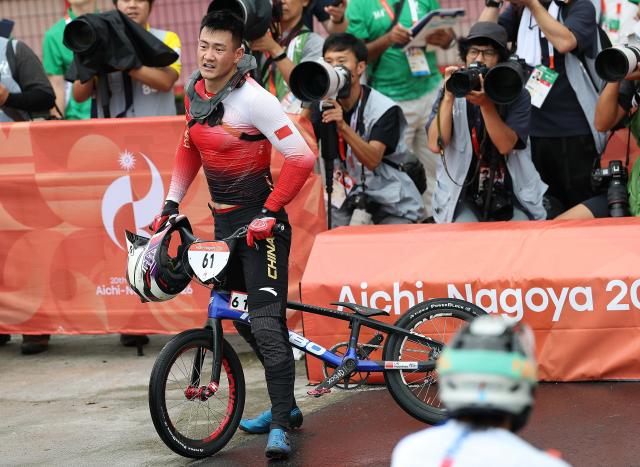 (260928) -- NAGOYA, Sept. 28, 2026 (Xinhua) -- Lin Haochao of China reacts after the men final of cycling BMX racing at the 20th Asian Games Aichi-Nagoya 2026 in Nagoya, Japan, Sept. 28, 2026. (Xinhua/Deng Hua)