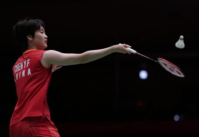 (260928) -- ICHINOMIYA, Sept. 28, 2026 (Xinhua) -- Chen Yufei of China competes during the women's singles semifinals of badminton against An Seyoung of South Korea at the 20th Asian Games Aichi-Nagoya 2026 in Ichinomiya of Aichi Prefecture, Japan, Sept. 28, 2026. (Xinhua/Li Bo)