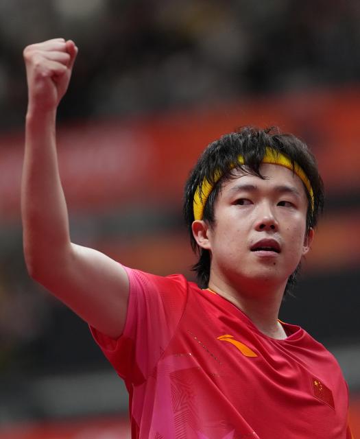 (260928) -- TOYOTA, Sept. 28, 2026 (Xinhua) -- Wang Chuqin of China celebrates during the men's singles semifinals of table tennis against Noshad Alamiyan of Iran at the 20th Asian Games Aichi-Nagoya 2026 in Toyota of Aichi Prefecture, Japan, Sept. 28, 2026. (Xinhua/Cheong Kam Ka)