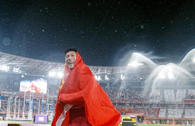 (260928) -- NAGOYA, Sept. 28, 2026 (Xinhua) -- Shi Yuhao of China celebrates after the men's long jump final of Athletics at the 20th Asian Games Aichi-Nagoya 2026 in Nagoya, Japan, Sept. 28, 2026. (Xinhua/Luo Yuan)