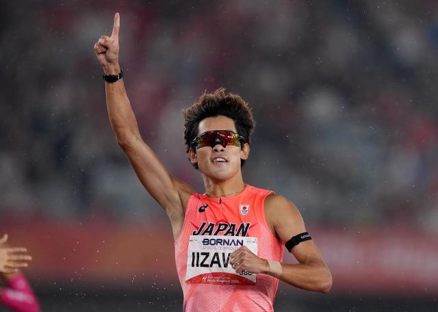 (260928) -- NAGOYA, Sept. 28, 2026 (Xinhua) -- Iizawa Kazuto of Japan celebrates after winning the men's 1500m final of Athletics at the 20th Asian Games Aichi-Nagoya 2026 in Nagoya, Japan, Sept. 28, 2026. (Xinhua/Lui Siu Wai)