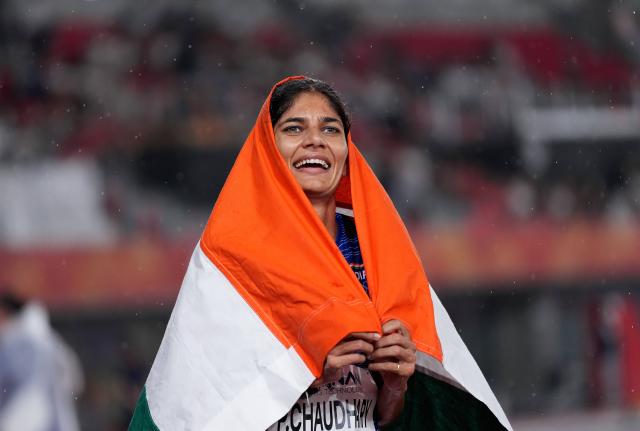 (260928) -- NAGOYA, Sept. 28, 2026 (Xinhua) -- Parul Chaudhary of India celebrates after the women's 5000m final match of Athletics at the 20th Asian Games Aichi-Nagoya 2026 in Nagoya, Japan, Sept. 28, 2026. (Xinhua/Jia Yuchen)
