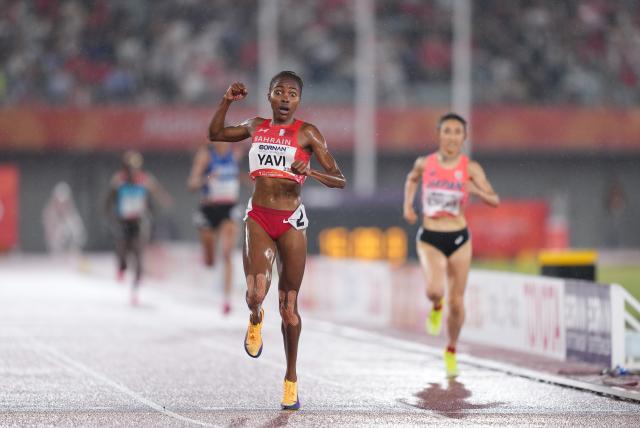 (260928) -- NAGOYA, Sept. 28, 2026 (Xinhua) -- Winfred Yavi (front) of Bahrain competes during the women's 5000m final match of Athletics at the 20th Asian Games Aichi-Nagoya 2026 in Nagoya, Japan, Sept. 28, 2026. (Xinhua/Lui Siu Wai)