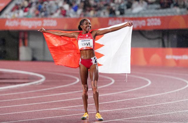 (260928) -- NAGOYA, Sept. 28, 2026 (Xinhua) -- Winfred Yavi of Bahrain celebrates after the women's 5000m final match of Athletics at the 20th Asian Games Aichi-Nagoya 2026 in Nagoya, Japan, Sept. 28, 2026. (Xinhua/Lui Siu Wai)