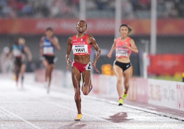 (260928) -- NAGOYA, Sept. 28, 2026 (Xinhua) -- Winfred Yavi (front) of Bahrain competes during the women's 5000m final match of Athletics at the 20th Asian Games Aichi-Nagoya 2026 in Nagoya, Japan, Sept. 28, 2026. (Xinhua/Lui Siu Wai)