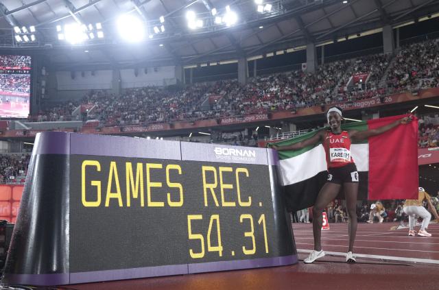 (260928) -- NAGOYA, Sept. 28, 2026 (Xinhua) -- Mariam Kareem of the United Arab Emirates celebrates with the new games record she set after the women's 400m hurdles final of Athletics at the 20th Asian Games Aichi-Nagoya 2026 in Nagoya, Japan, Sept. 28, 2026. (Xinhua/Luo Yuan)
