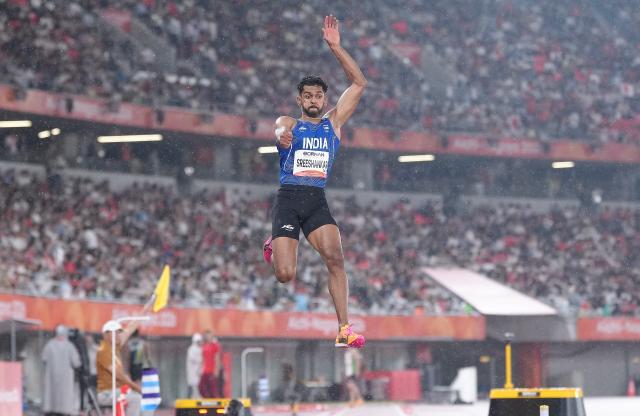 (260928) -- NAGOYA, Sept. 28, 2026 (Xinhua) -- Murali Sreeshankar of India competes during the men's long jump final of Athletics at the 20th Asian Games Aichi-Nagoya 2026 in Nagoya, Japan, Sept. 28, 2026. (Xinhua/Luo Yuan)