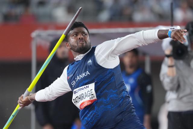 (260928) -- NAGOYA, Sept. 28, 2026 (Xinhua) -- Rumesh Pathirage of Sri Lanka competes during the men's javelin throw final of Athletics at the 20th Asian Games Aichi-Nagoya 2026 in Nagoya, Japan, Sept. 28, 2026. (Xinhua/Luo Yuan)