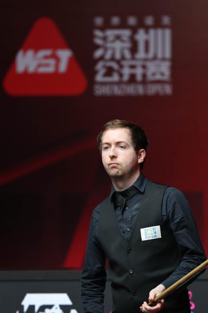 (260928) -- SHENZHEN, Sept. 28, 2026 (Xinhua) -- Scott Donaldson reacts during the round 2 match between Scott Donaldson of Scotland and Zhao Xintong of China at World Snooker Tour Shenzhen Open 2026 in Shenzhen, south China's Guangdong Province, Sept. 28, 2026. (Xinhua/Liang Xu)