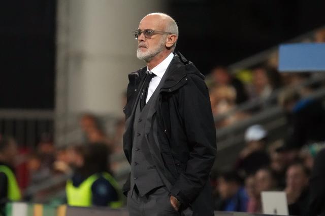 (260929) -- RIGA, Sept. 29, 2026 (Xinhua) -- Latvian head coach Paolo Nicolato reacts during the League C match of UEFA Nations League between Latvia and Cyprus in Riga, Latvia, Sept. 28, 2026. (Photo by Edijs Palens/Xinhua)