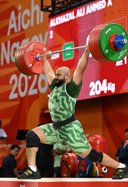 (260929) -- NAGOYA, Sept. 29, 2026 (Xinhua) -- Ali Ahmed A Alkhazal of Saudi Arabia competes during the men's 110kg final of weightlifting at the 20th Asian Games Aichi-Nagoya 2026 in Nagoya, Japan, Sept. 29, 2026. (Xinhua/Yu Yang)