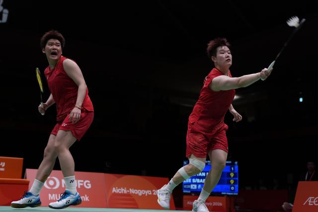 (260929) -- ICHINOMIYA, Sept. 29, 2026 (Xinhua) -- Liu Shengshu (R)/Tan Ning of China compete during the women's doubles final of badminton against Lee Sohee/Baek Hana of South Korea at the 20th Asian Games Aichi-Nagoya 2026 in Ichinomiya of Aichi Prefecture, Japan, Sept. 29, 2026. (Xinhua/Li Bo)