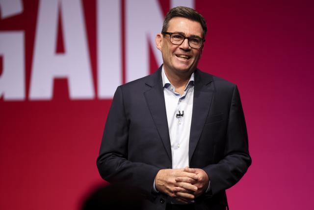 (260929) -- LIVERPOOL, Sept. 29, 2026 (Xinhua) -- British Prime Minister Andy Burnham delivers a speech during the 2026 Labour Party Conference in Liverpool, Britain, on Sept. 29, 2026. (Xinhua)
