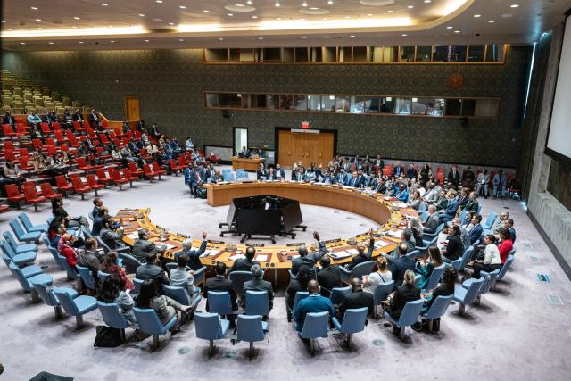 (260929) -- UNITED NATIONS, Sept. 29, 2026 (Xinhua) -- Representatives vote on a draft resolution during a Security Council meeting at the UN headquarters in New York, Sept. 29, 2026. The Security Council on Tuesday adopted a resolution to extend the mandate of the Gang Suppression Force (GSF) in Haiti for six months. (Rick Bajornas/UN Photo/Handout via Xinhua)