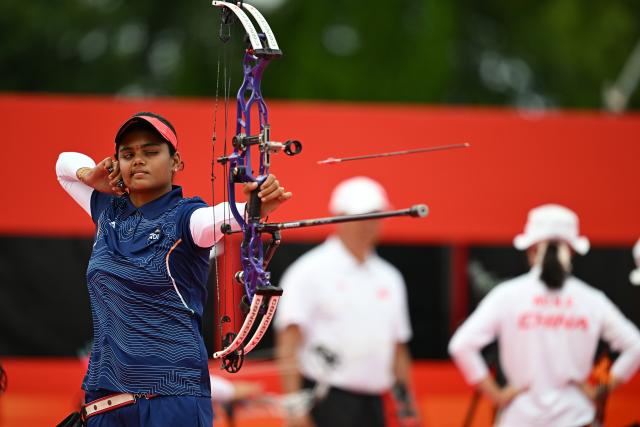 (260930) -- OKAZAKI, Sept. 30, 2026 (Xinhua) -- Jyothi Surekha Vennam of team India competes during the compound women's team gold medal match of archery between China and India at the 20th Asian Games Aichi-Nagoya 2026 in Okazaki of Aichi Prefecture, Japan, Sept. 30, 2026. (Xinhua/Yu Yang)