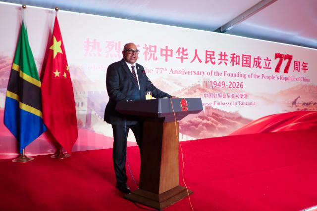 (260930) -- DAR ES SALAAM, Sept. 30, 2026 (Xinhua) -- Tanzanian Minister for Foreign Affairs and East African Cooperation Mahmoud Thabit Kombo speaks at a reception hosted by the Chinese Embassy to mark the 77th anniversary of the founding of the People's Republic of China, in Dar es Salaam, Tanzania, Sept. 29, 2026. TO GO WITH "Tanzanian FM praises China ties, vows closer cooperation" (Xinhua/Emmanuel Herman)