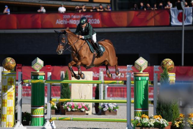 (261001) -- TOKYO, Oct. 1, 2026 (Xinhua) -- Ramzy Hamad A Alduhami of team Saudi Arabia competes during the jumping team final of equestrian at the 20th Asian Games Aichi-Nagoya 2026 in Tokyo, Japan, Oct. 1, 2026. (Photo by Wang Shen/Xinhua)