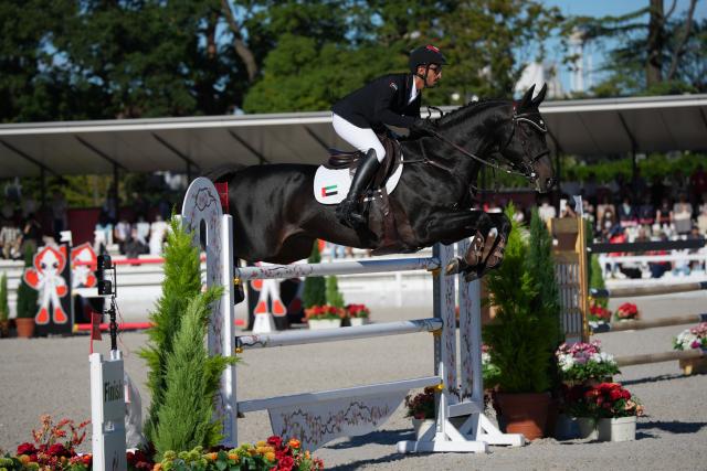(261001) -- TOKYO, Oct. 1, 2026 (Xinhua) -- Abdulla Almheiri of team the United Arab Emirates competes during the jumping team final of equestrian at the 20th Asian Games Aichi-Nagoya 2026 in Tokyo, Japan, Oct. 1, 2026. (Photo by Wang Shen/Xinhua)