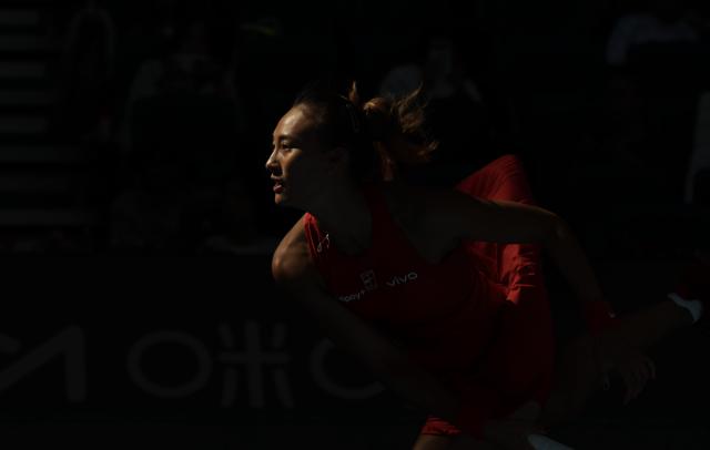 (261001) -- BEIJING, Oct. 1, 2026 (Xinhua) -- Zheng Qinwen competes during the women's singles first round match between Zheng Qinwen of China and Shi Han of China at 2026 China Open tennis tournament in Beijing, China, Oct. 1, 2026. (Xinhua/Bai Xuefei)