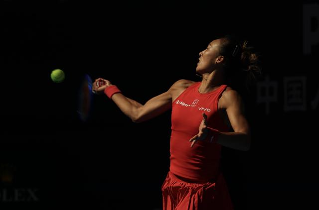 (261001) -- BEIJING, Oct. 1, 2026 (Xinhua) -- Zheng Qinwen competes during the women's singles first round match between Zheng Qinwen of China and Shi Han of China at 2026 China Open tennis tournament in Beijing, China, Oct. 1, 2026. (Xinhua/Bai Xuefei)