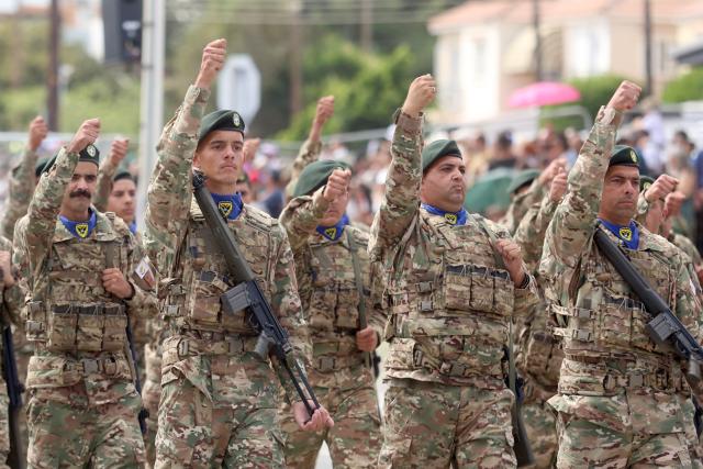 (261001) -- NICOSIA, Oct. 1, 2026 (Xinhua) -- Soldiers of Cypriot National Guard march in a military parade celebrating the 66th anniversary of independence of Cyprus in Nicosia, Cyprus, Oct. 1, 2026. (Photo by George Christophorou/Xinhua)