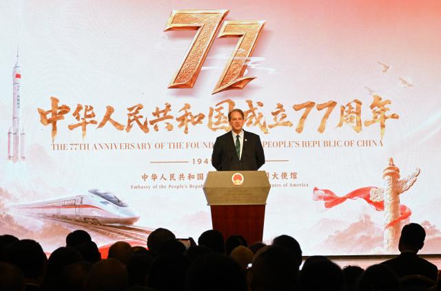 (261001) -- WASHINGTON, Oct. 1, 2026 (Xinhua) -- Sean Stein, president of the U.S.-China Business Council, delivers a speech at the Chinese Embassy in the United States in Washington, D.C., Sept. 30, 2026. The Chinese Embassy in the United States on Wednesday hosted a reception to mark the 77th anniversary of the founding of the People's Republic of China (PRC), drawing more than 800 guests to the event. (Xinhua/Li Rui)