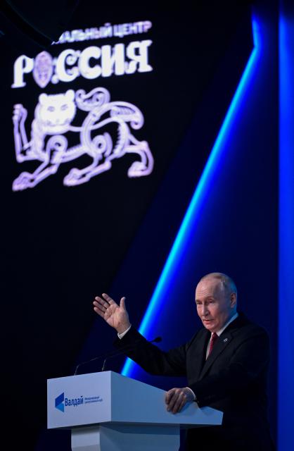 (261002) -- MOSCOW, Oct. 2, 2026 (Xinhua) -- Russian President Vladimir Putin speaks at the plenary session of the 23rd annual meeting of the Valdai Discussion Club in Moscow, Russia, Oct. 1, 2026. Russian President Vladimir Putin on Thursday accused Western nations of erecting a new "iron curtain" in global relations and stressed that such isolationist policies are doomed to failure.
   During his speech at the plenary session of the 23rd annual meeting of the Valdai Discussion Club, Putin said that contrary to Western accusations, Russia has no intention of creating divides in the international community. (Xinhua/Feng Kaihua)