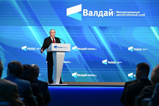 (261002) -- MOSCOW, Oct. 2, 2026 (Xinhua) -- Russian President Vladimir Putin speaks at the plenary session of the 23rd annual meeting of the Valdai Discussion Club in Moscow, Russia, Oct. 1, 2026. Russian President Vladimir Putin on Thursday accused Western nations of erecting a new "iron curtain" in global relations and stressed that such isolationist policies are doomed to failure.
   During his speech at the plenary session of the 23rd annual meeting of the Valdai Discussion Club, Putin said that contrary to Western accusations, Russia has no intention of creating divides in the international community. (Xinhua/Feng Kaihua)