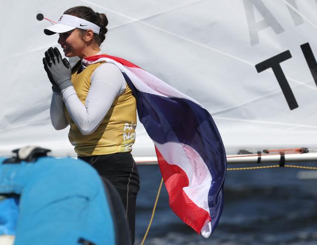 (261002) --  GAMAGORI, Oct. 2, 2026 (Xinhua) -- Sophia Montgomery of Thailand celebrates after the Women's Dinghy Final of Sailing at the 20th Asian Games Aichi-Nagoya 2026 in Gamagori of Aichi Prefecture, Japan, Oct. 2, 2026. (Xinhua/Deng Hua)