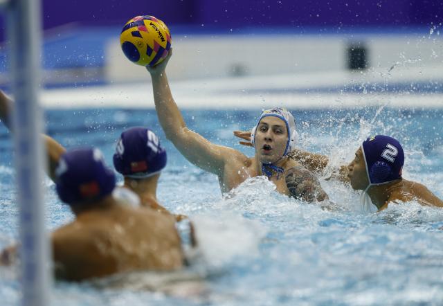 (261002) -- NAGOYA, Oct. 2, 2026 (Xinhua) -- Ruslan Akhmetov (2nd R) of Kazakhstan competes during the men's water polo semifinal match between China and Kazakhstan at the 20th Asian Games Aichi-Nagoya 2026 in Nagoya, Japan, Oct. 2, 2026. (Xinhua/Wu Zhizun)