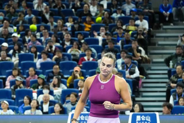 (261002) -- BEIJING, Oct. 2, 2026 (Xinhua) -- Aryna Sabalenka of Belarus reacts during the women's singles second round match against Renata Zarazua of Mexico at 2026 China Open tennis tournament in Beijing, China, Oct. 2, 2026. (Xinhua/Ju Huanzong)