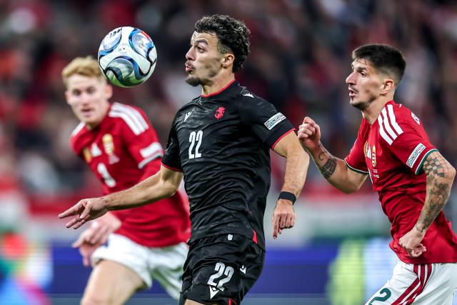 (261003) -- BUDAPEST, Oct. 3, 2026 (Xinhua) -- Georges Mikautadze (C) of Georgia competes during the UEFA Nations League 2026/27 League B Group B2 match between Hungary and Georgia in Budapest, Hungary, Oct. 2, 2026. (Photo by David Balogh/Xinhua)
