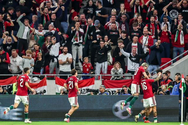 (261003) -- BUDAPEST, Oct. 3, 2026 (Xinhua) -- Players of  Hungary celebrate scoring during the UEFA Nations League 2026/27 League B Group B2 match between Hungary and Georgia in Budapest, Hungary, Oct. 2, 2026. (Photo by David Balogh/Xinhua)
