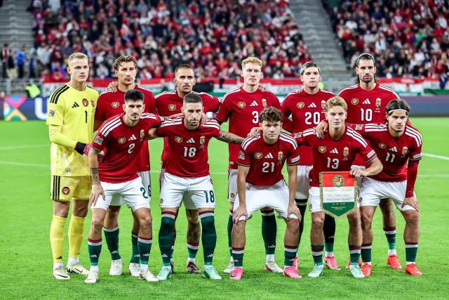 (261003) -- BUDAPEST, Oct. 3, 2026 (Xinhua) -- Starting players of Hungary line up before the UEFA Nations League 2026/27 League B Group B2 match between Hungary and Georgia in Budapest, Hungary, Oct. 2, 2026. (Photo by David Balogh/Xinhua)