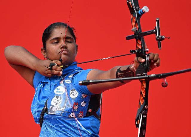(261003) -- OKAZAKI, Oct. 3, 2026 (Xinhua) -- Kumkum Anil Mohod of India competes during the Recurve Women's Individual Gold Medal Match of Archery against Oh Yejin of South Korea at the 20th Asian Games Aichi-Nagoya 2026 in Okazaki of Aichi Prefecture, Japan, Oct. 3, 2026. (Xinhua/Yu Yang)