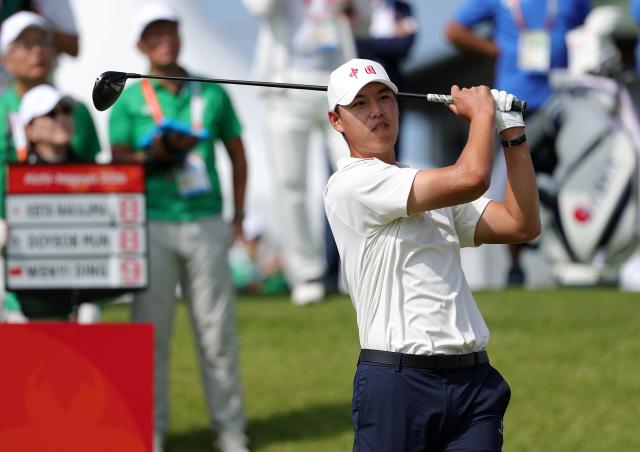 (261003) -- , Oct. 3, 2026 (Xinhua) -- Ding Wenyi of China tees off during the Men's Individual Stroke Play Round 4 of Golf at 20th Asian Games Aichi-Nagoya 2026 in Kasugai of Aichi Prefecture, Japan, Oct. 3, 2026. (Xinhua/Li Bo)
