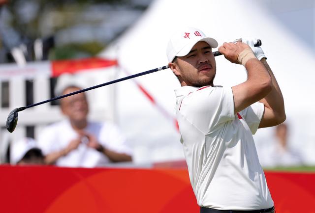 (261003) -- , Oct. 3, 2026 (Xinhua) -- Jin Zihao of China tees off during the Men's Individual Stroke Play Round 4 of Golf at 20th Asian Games Aichi-Nagoya 2026 in Kasugai of Aichi Prefecture, Japan, Oct. 3, 2026. (Xinhua/Li Bo)