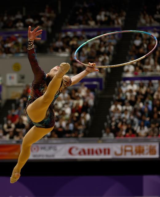 (261003) -- NAGOYA, Oct. 3, 2026 (Xinhua) -- Takhmina Ikromova of Uzbekistan competes during the Individual All-Around Final of Rhythmic Gymnastics at 20th Asian Games Aichi-Nagoya 2026 in Nagoya, Japan, Oct. 3, 2026. (Xinhua/Wu Zhizun)