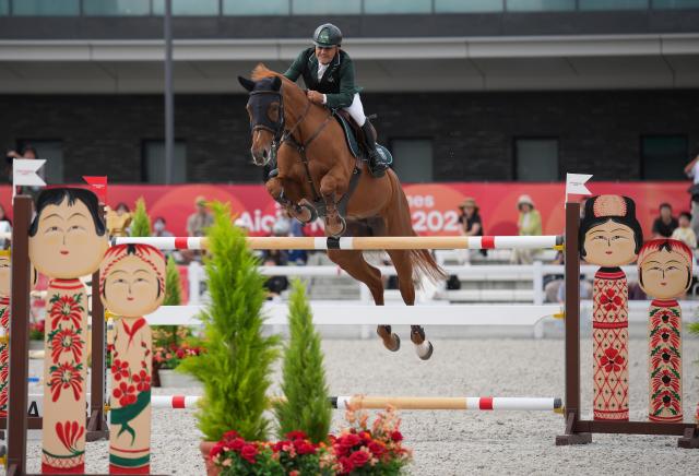 (261003) -- TOKYO, Oct. 3, 2026 (Xinhua) -- Ramzy Hamad A Alduhami of Saudi Arabia competes during the jumping Ind B (up to 1.55m) 1st round of equestrian at the 20th Asian Games Aichi-Nagoya 2026 in Tokyo, Japan, Oct. 3, 2026. (Photo by Wang Shen/Xinhua)