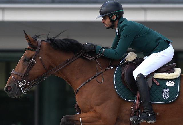 (261003) -- TOKYO, Oct. 3, 2026 (Xinhua) -- Khaled Abdulrahman Almobty of Saudi Arabia competes during the jumping Ind A (1.45m-1.50m) 1st round of equestrian at the 20th Asian Games Aichi-Nagoya 2026 in Tokyo, Japan, Oct. 3, 2026. (Photo by Wang Shen/Xinhua)