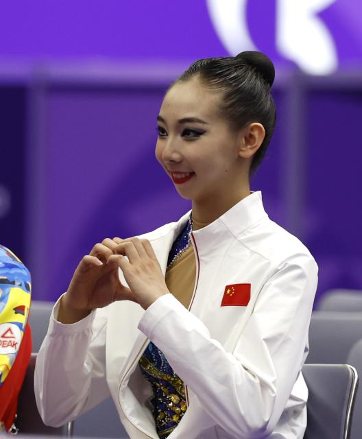 (261003) -- NAGOYA, Oct. 3, 2026 (Xinhua) -- Wang Qi of China reacts during the Individual All-Around Final of Rhythmic Gymnastics at 20th Asian Games Aichi-Nagoya 2026 in Nagoya, Japan, Oct. 3, 2026. (Xinhua/Wu Zhizun)
