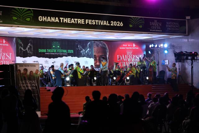 (261003) -- ACCRA, Oct. 3, 2026 (Xinhua) -- Ghana's National Symphony Orchestra performs during the celebration of 2026 Theater Festival in Accra, Ghana, Oct. 1, 2026.
  On Thursday night, the performance of Ghana's National Symphony Orchestra wowed audience who converged at the forecourt of the National Theater, built for the West African nation from 1990 to 1992 under a China Aid project. 
  TO GO WITH "Ghana National Symphony Orchestra dazzles audience to mark 2026 Theater Festival" (Photo by Seth/Xinhua)
