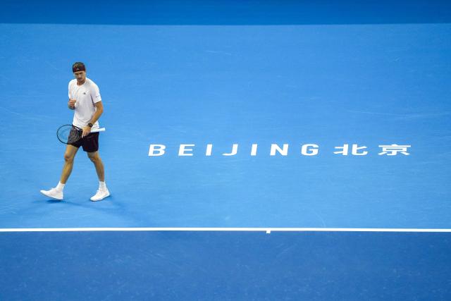 (261003) -- BEIJING, Oct. 3, 2026 (Xinhua) -- Alexander Zverev of Germany celebrates scoring during the men's singles second round match against Shang Juncheng of China at 2026 China Open tennis tournament in Beijing, China, Oct. 3, 2026. (Xinhua/Xie Han)