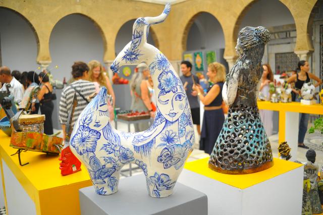 (261004) -- TUNIS, Oct. 4, 2026 (Xinhua) -- This photo shows ceramic artworks displayed during an exhibition at the National Center for Artistic Ceramics in Tunis, Tunisia, on Oct. 3, 2026. The National Center for Artistic Ceramics has displayed over 1,500 ceramic pieces created by the center's students from Saturday to Sunday. (Photo by Adel Ezzine/Xinhua)