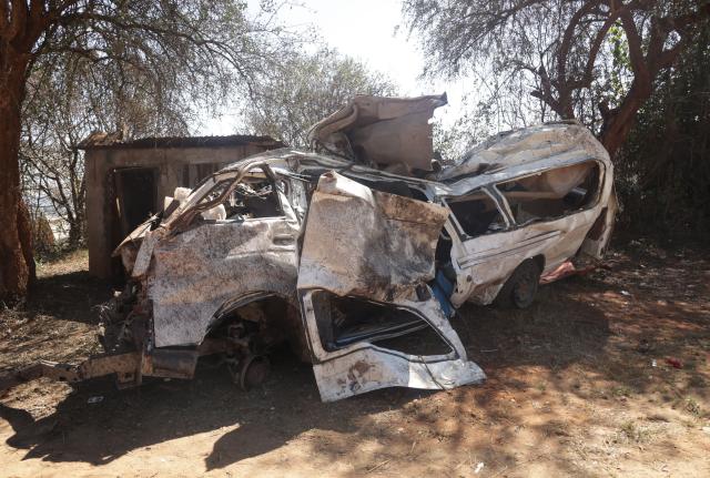 (261004) -- NAIROBI, Oct. 4, 2026 (Xinhua) -- This photo taken on Oct. 3, 2026 shows the wreckage of a vehicle involved in a multi-vehicle crash in Makueni County, Kenya. At least 17 people were killed early Saturday in a multi-vehicle pileup along the Nairobi-Mombasa highway, Kenyan police said. (Photo by John Okoyo/Xinhua)