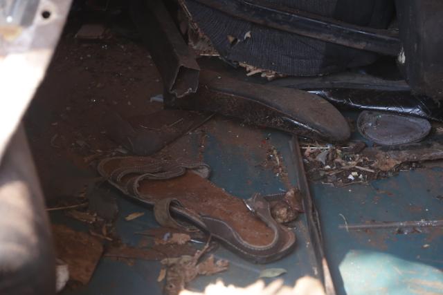(261004) -- NAIROBI, Oct. 4, 2026 (Xinhua) -- This photo taken on Oct. 3, 2026 shows shoes left in a vehicle involved in a multi-vehicle crash in Makueni County, Kenya. At least 17 people were killed early Saturday in a multi-vehicle pileup along the Nairobi-Mombasa highway, Kenyan police said. (Photo by John Okoyo/Xinhua)