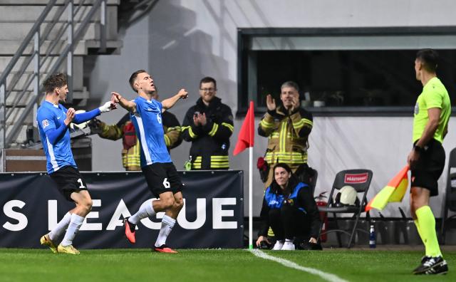 (261004) -- TALLINN, Oct. 4, 2026 (Xinhua) -- Estonia's Rasmus Peetson (2nd L) celebrates after scoring the opening goal during the 2026/27 UEFA Nations League C Group C4 football match between Estonia and Luxembourg at A. Le Coq Arena in Tallinn, Estonia, Oct. 3, 2026. (Photo by Sergei Stepanov/Xinhua)
