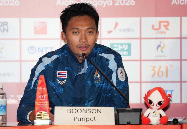 (261004) -- NAGOYA, Oct. 4, 2026 (Xinhua) -- Thai sprinter Puripol Boonson, the most valuable player (MVP) of the 20th Asian Games, attends a press conference at the 20th Asian Games Aichi-Nagoya 2026 in Nagoya, Japan, Oct. 4, 2026. (Xinhua/Hou Zhaokang)