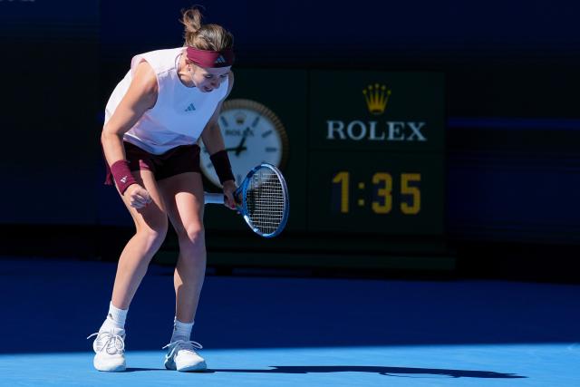 (261004) -- BEIJING, Oct. 4, 2026 (Xinhua) -- Nikola Bartunkova celebrates after winnning the women's singles round of 32 match between Aryna Sabalenka of Belarus and Nikola Bartunkova of the Czech Republic at 2026 China Open tennis tournament in Beijing, China, Oct. 4, 2026. (Xinhua/Ju Huanzong)